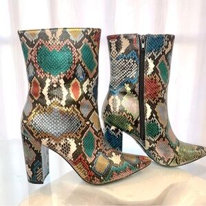 Colorful Snake Skin Heel Boots, Size 7.5